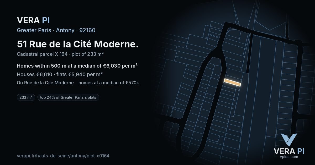 51 Rue de la Cité Moderne, Antony at night – the plot lit, the parcels around coloured by the prices near them