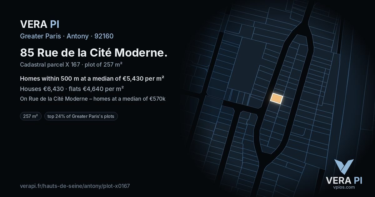 85 Rue de la Cité Moderne, Antony at night – the plot lit, the parcels around coloured by the prices near them