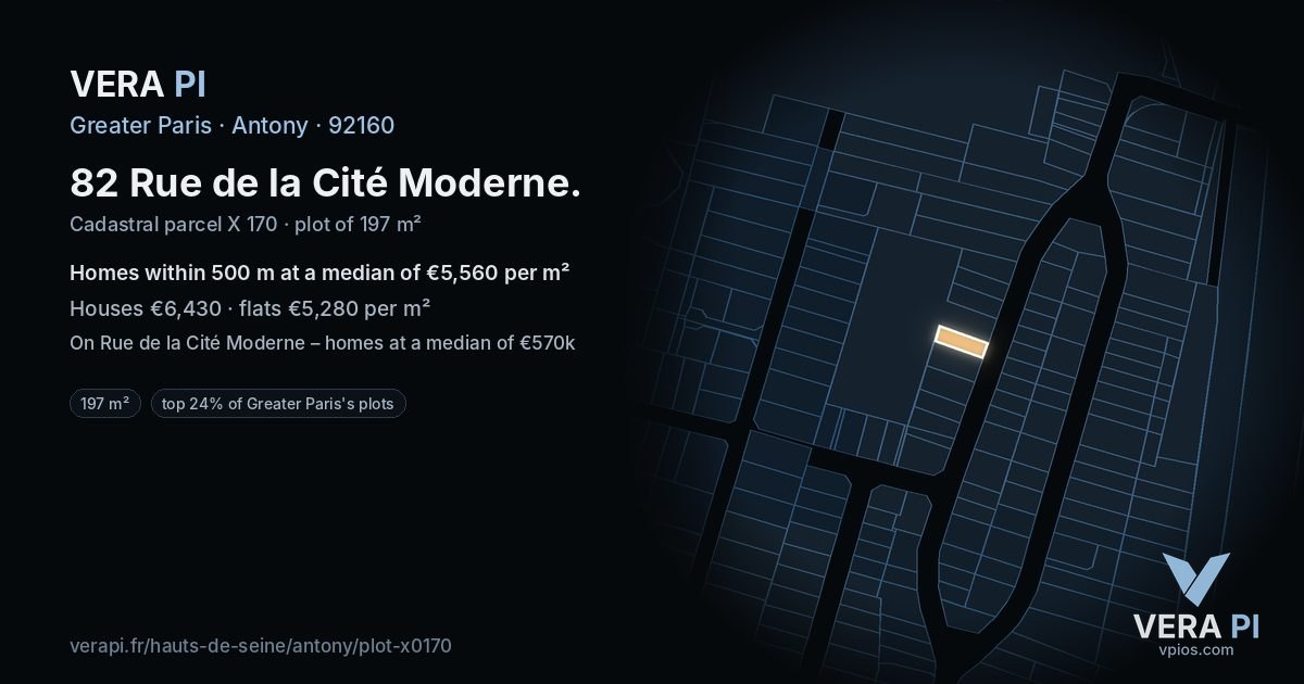 82 Rue de la Cité Moderne, Antony at night – the plot lit, the parcels around coloured by the prices near them