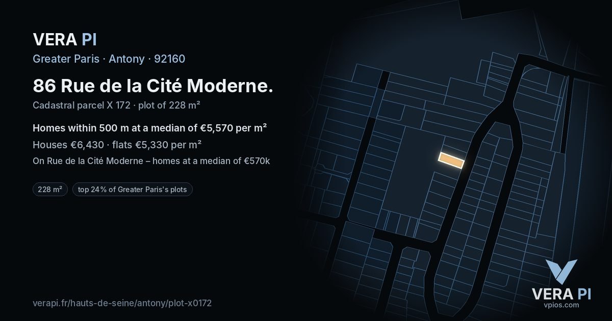 86 Rue de la Cité Moderne, Antony at night – the plot lit, the parcels around coloured by the prices near them