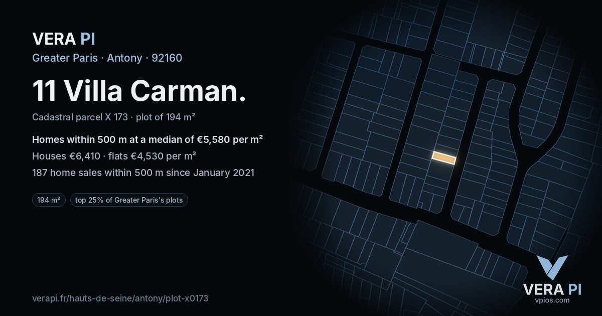11 Villa Carman, Antony at night – the plot lit, the parcels around coloured by the prices near them