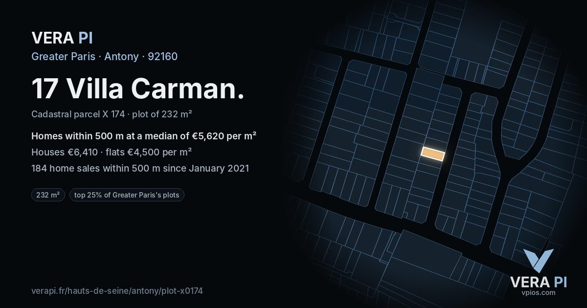 17 Villa Carman, Antony at night – the plot lit, the parcels around coloured by the prices near them