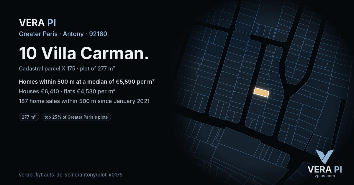10 Villa Carman, Antony at night – the plot lit, the parcels around coloured by the prices near them