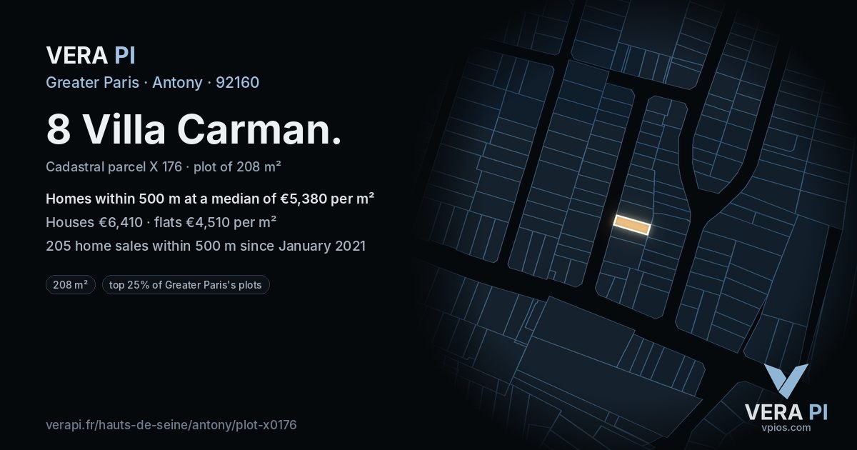 8 Villa Carman, Antony at night – the plot lit, the parcels around coloured by the prices near them