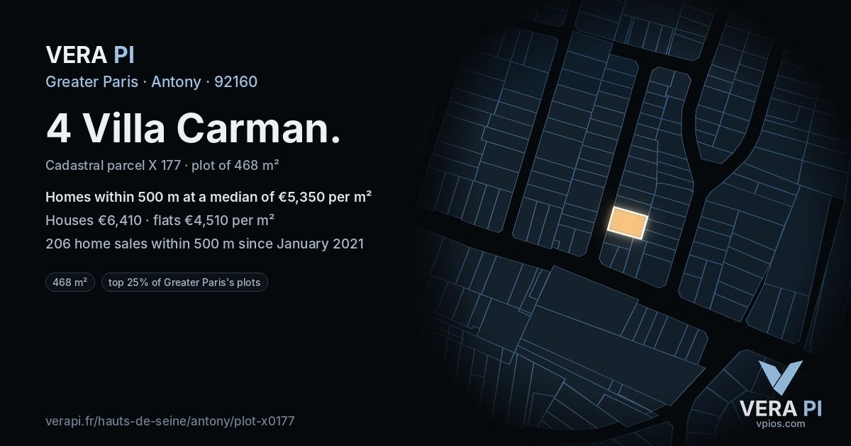 4 Villa Carman, Antony at night – the plot lit, the parcels around coloured by the prices near them