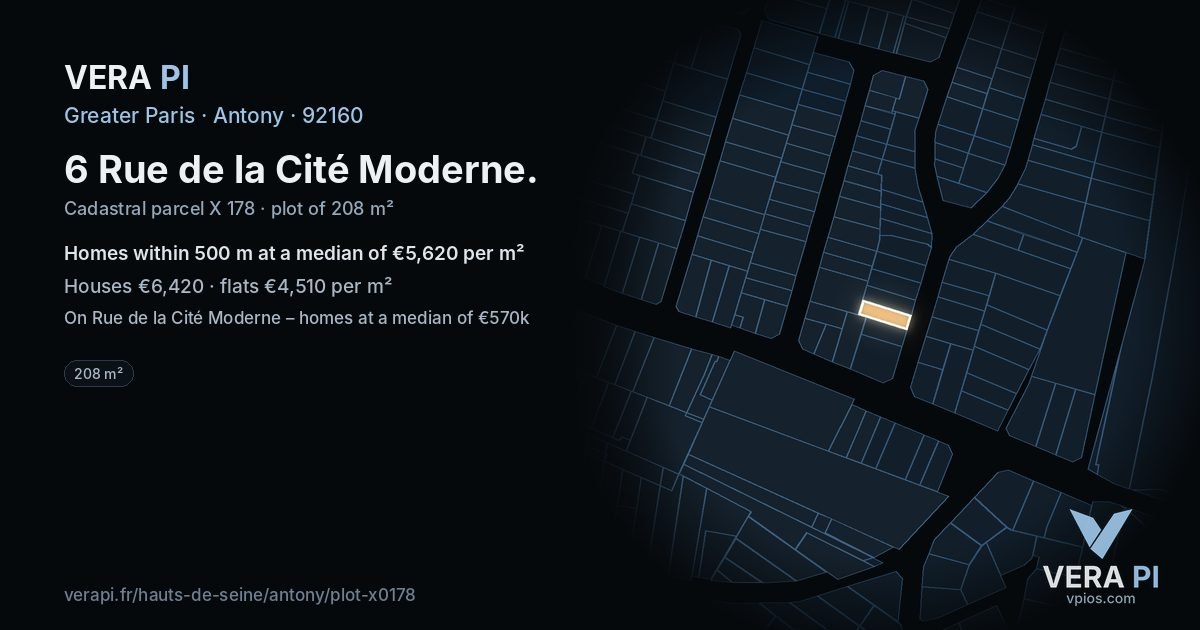 6 Rue de la Cité Moderne, Antony at night – the plot lit, the parcels around coloured by the prices near them