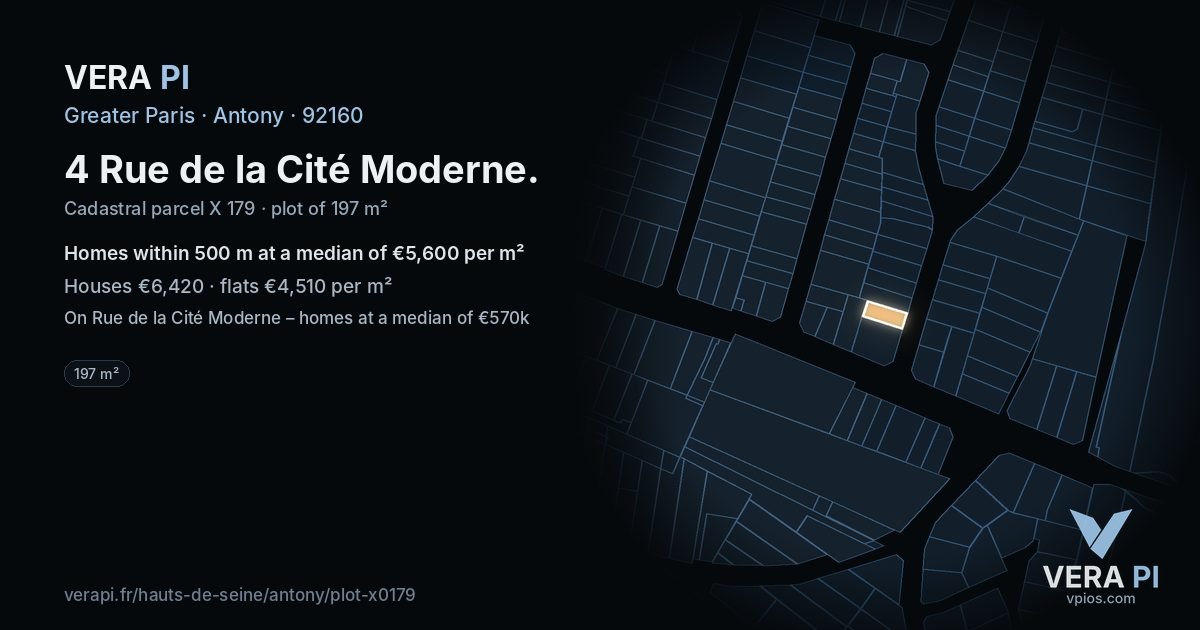 4 Rue de la Cité Moderne, Antony at night – the plot lit, the parcels around coloured by the prices near them