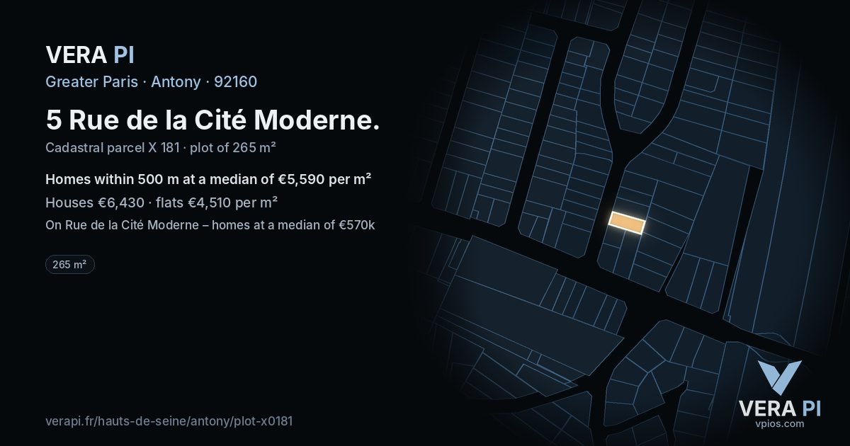 5 Rue de la Cité Moderne, Antony at night – the plot lit, the parcels around coloured by the prices near them