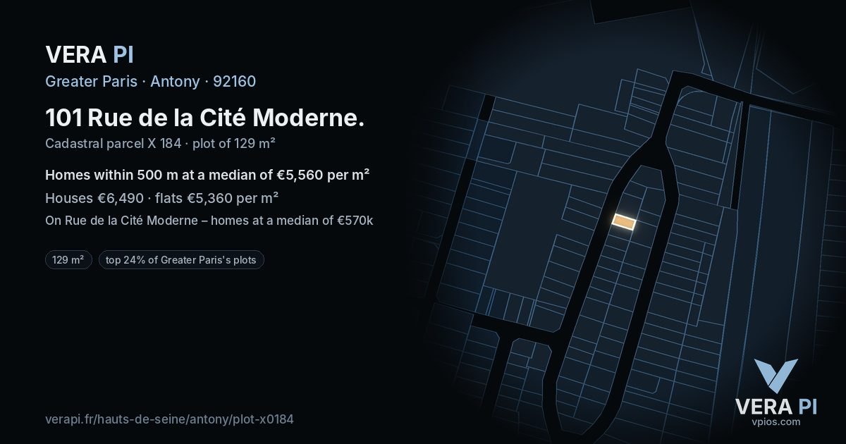 101 Rue de la Cité Moderne, Antony at night – the plot lit, the parcels around coloured by the prices near them
