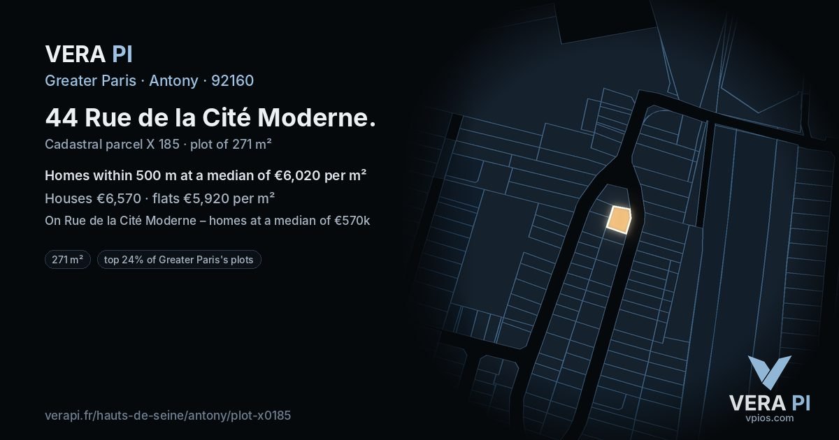 44 Rue de la Cité Moderne, Antony at night – the plot lit, the parcels around coloured by the prices near them
