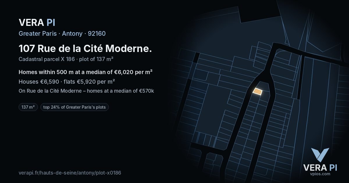 107 Rue de la Cité Moderne, Antony at night – the plot lit, the parcels around coloured by the prices near them