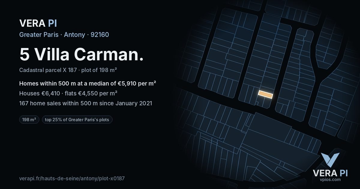 5 Villa Carman, Antony at night – the plot lit, the parcels around coloured by the prices near them