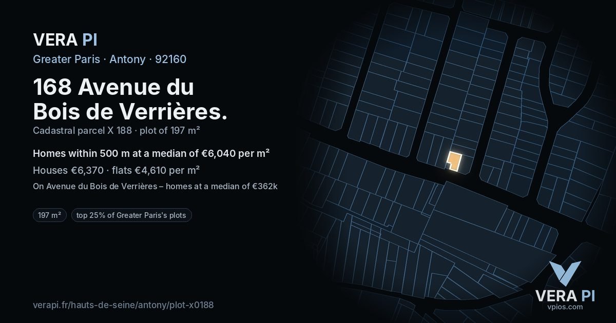 168 Avenue du Bois de Verrières, Antony at night – the plot lit, the parcels around coloured by the prices near them