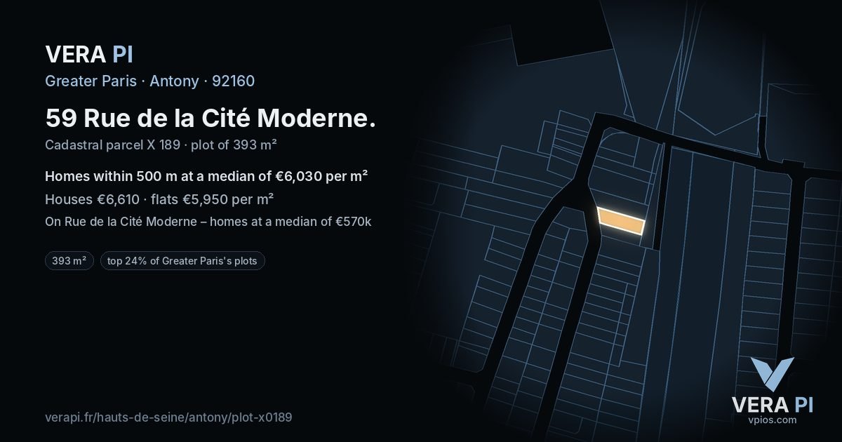 59 Rue de la Cité Moderne, Antony at night – the plot lit, the parcels around coloured by the prices near them