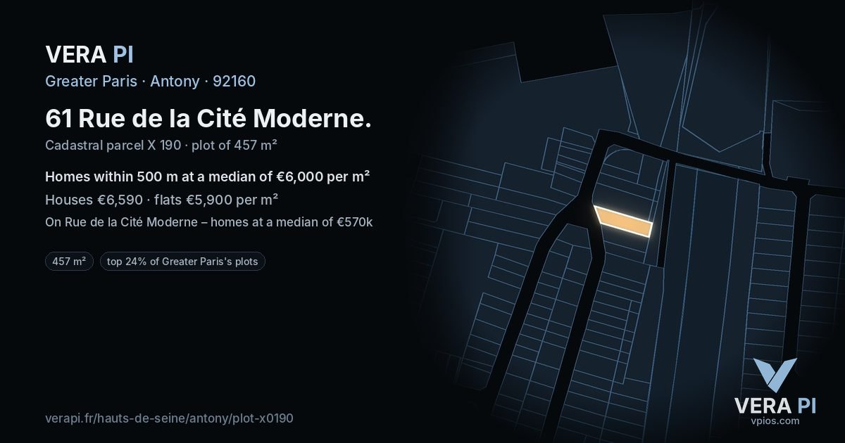 61 Rue de la Cité Moderne, Antony at night – the plot lit, the parcels around coloured by the prices near them