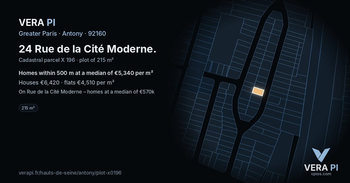 24 Rue de la Cité Moderne, Antony at night – the plot lit, the parcels around coloured by the prices near them