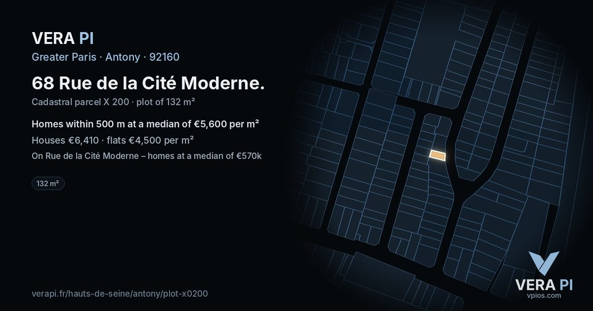 68 Rue de la Cité Moderne, Antony at night – the plot lit, the parcels around coloured by the prices near them