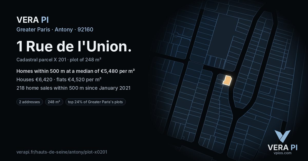 1 Rue de l'Union, Antony at night – the plot lit, the parcels around coloured by the prices near them