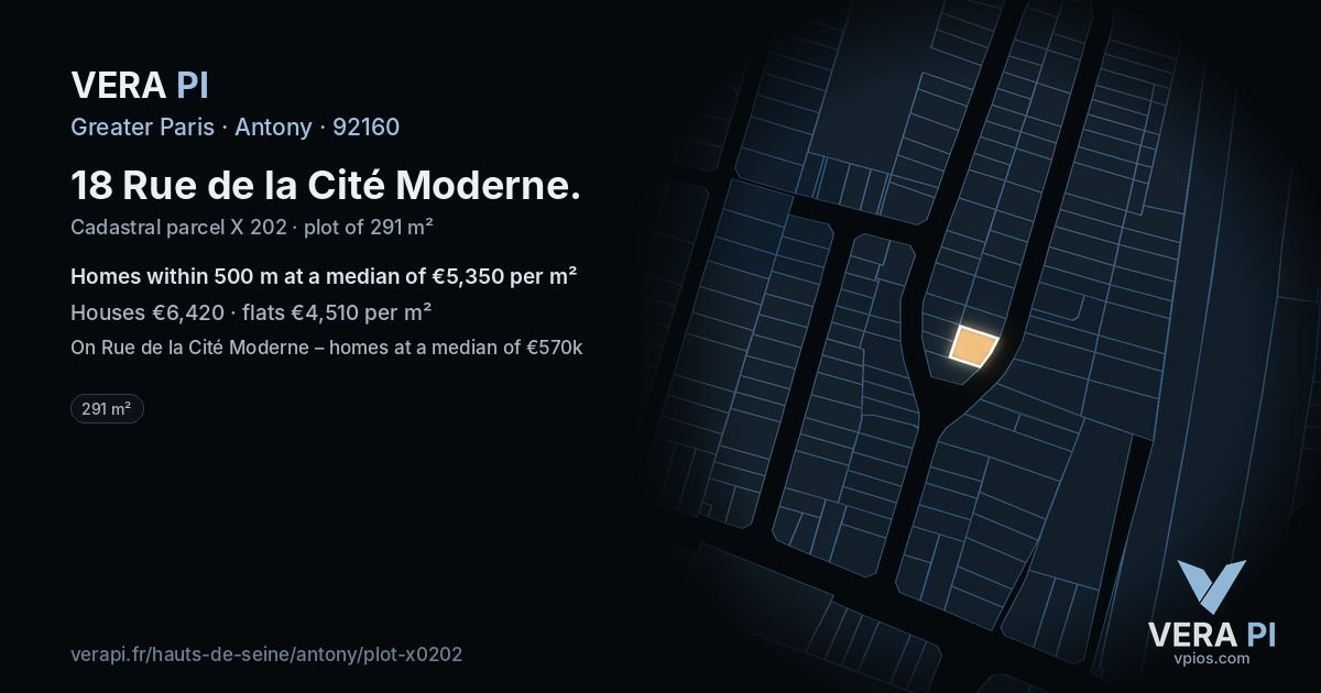 18 Rue de la Cité Moderne, Antony at night – the plot lit, the parcels around coloured by the prices near them