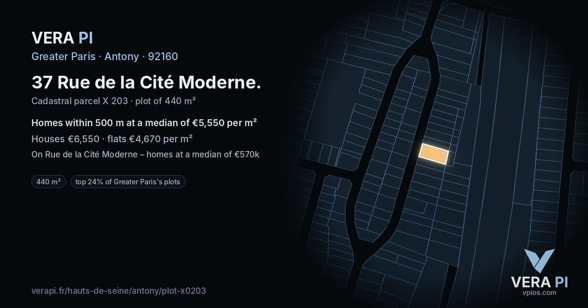 37 Rue de la Cité Moderne, Antony at night – the plot lit, the parcels around coloured by the prices near them