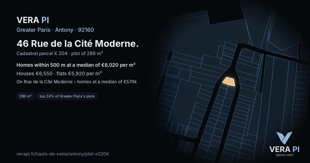 46 Rue de la Cité Moderne, Antony at night – the plot lit, the parcels around coloured by the prices near them