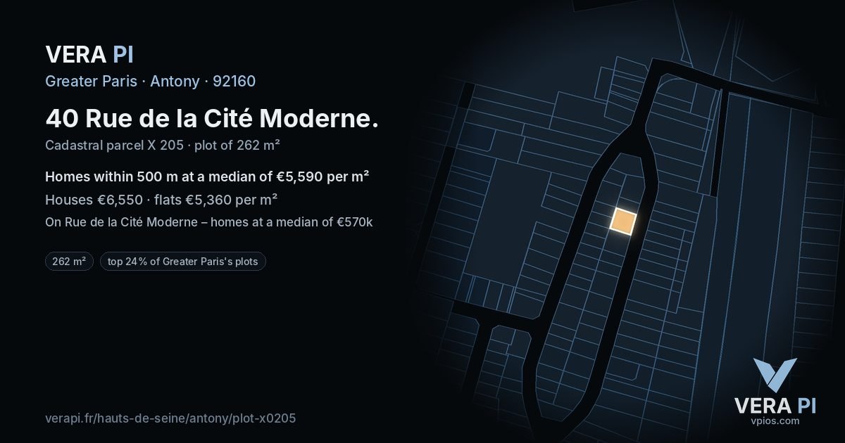 40 Rue de la Cité Moderne, Antony at night – the plot lit, the parcels around coloured by the prices near them