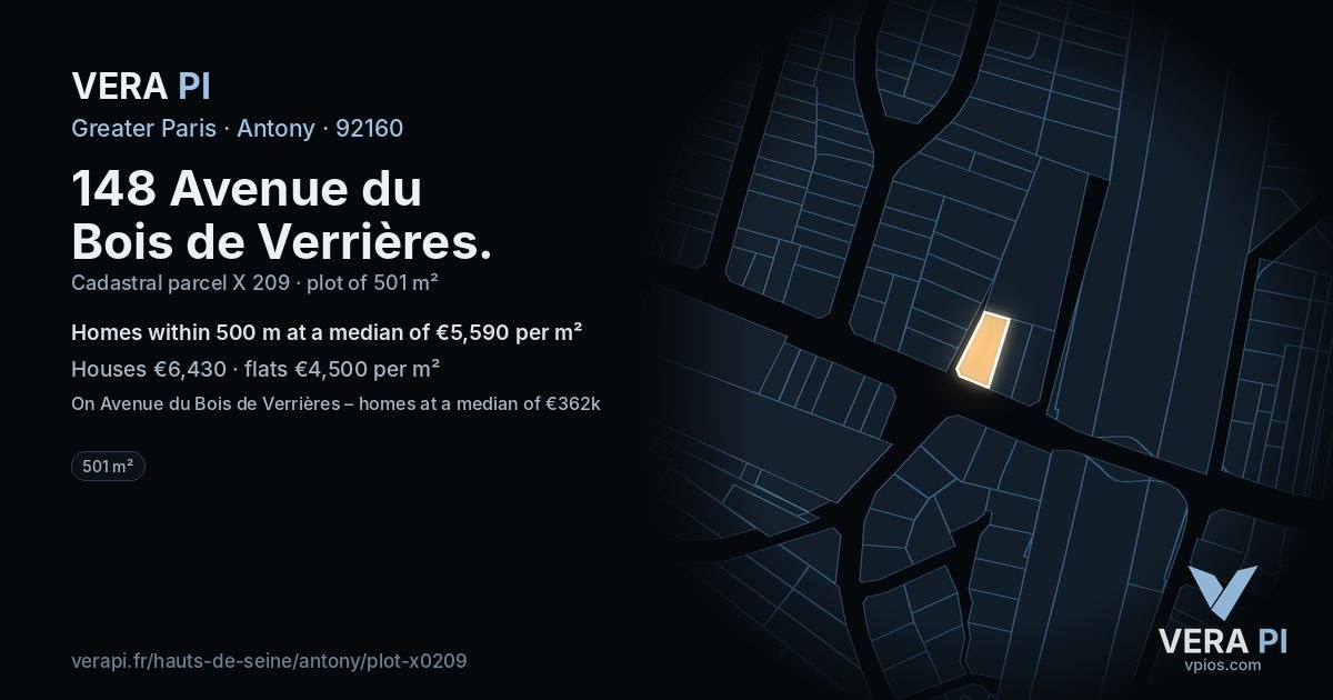 148 Avenue du Bois de Verrières, Antony at night – the plot lit, the parcels around coloured by the prices near them