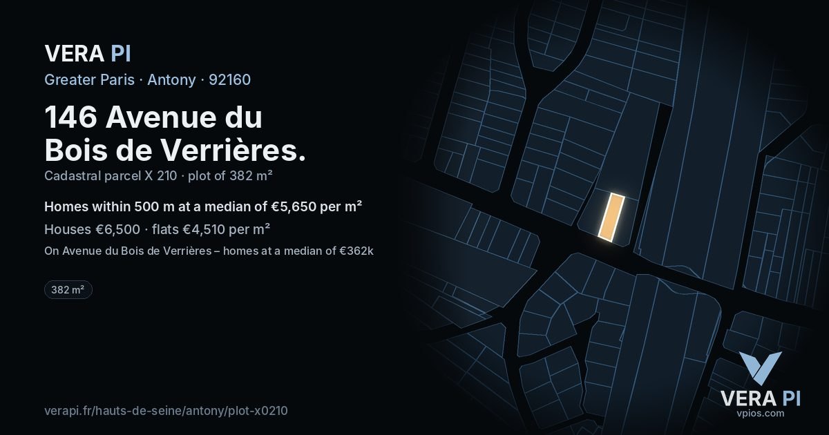146 Avenue du Bois de Verrières, Antony at night – the plot lit, the parcels around coloured by the prices near them