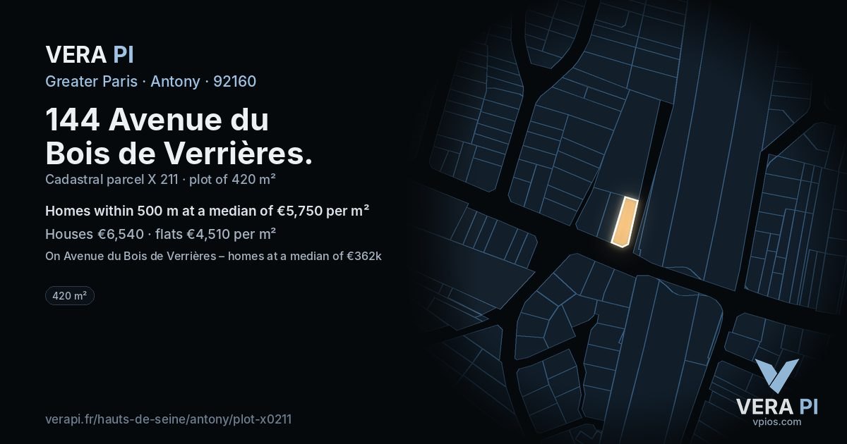 144 Avenue du Bois de Verrières, Antony at night – the plot lit, the parcels around coloured by the prices near them