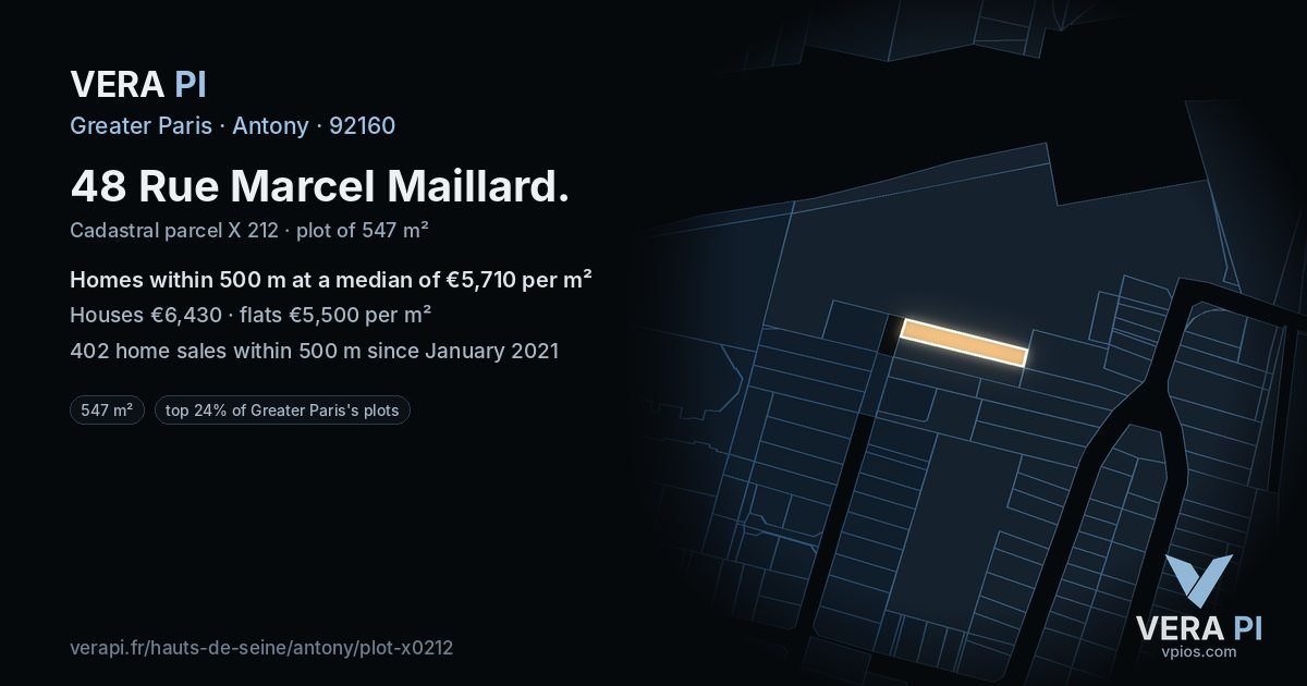 48 Rue Marcel Maillard, Antony at night – the plot lit, the parcels around coloured by the prices near them