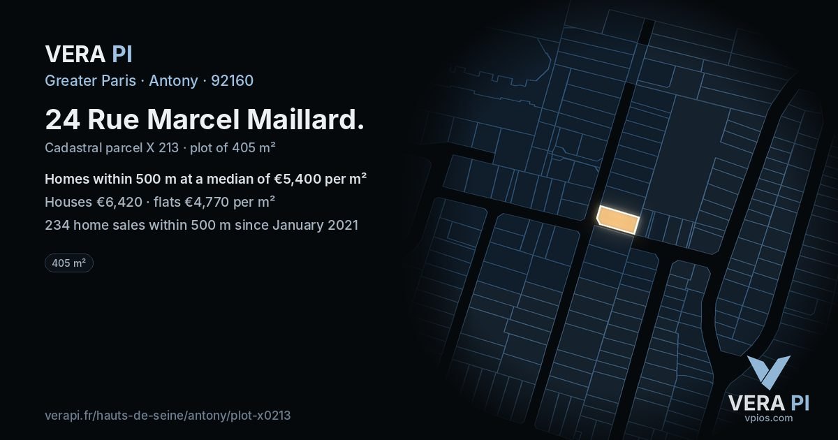24 Rue Marcel Maillard, Antony at night – the plot lit, the parcels around coloured by the prices near them