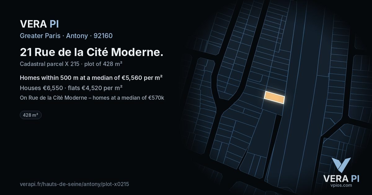 21 Rue de la Cité Moderne, Antony at night – the plot lit, the parcels around coloured by the prices near them
