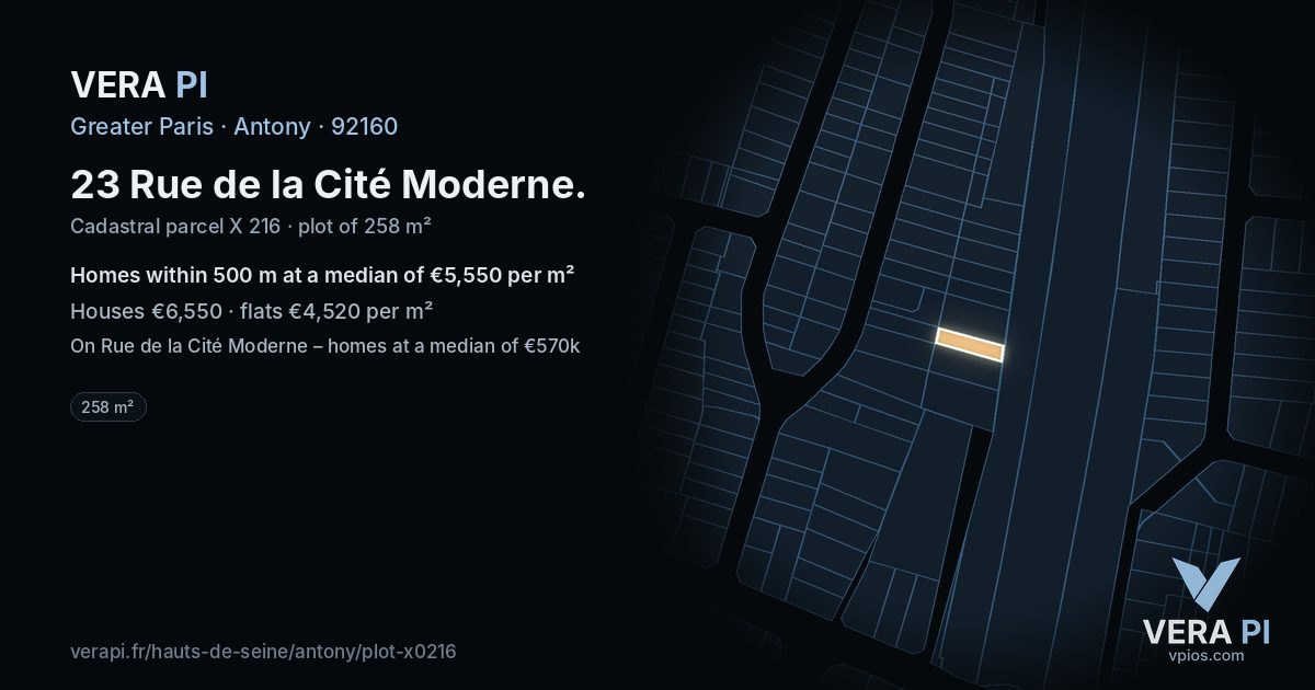 23 Rue de la Cité Moderne, Antony at night – the plot lit, the parcels around coloured by the prices near them