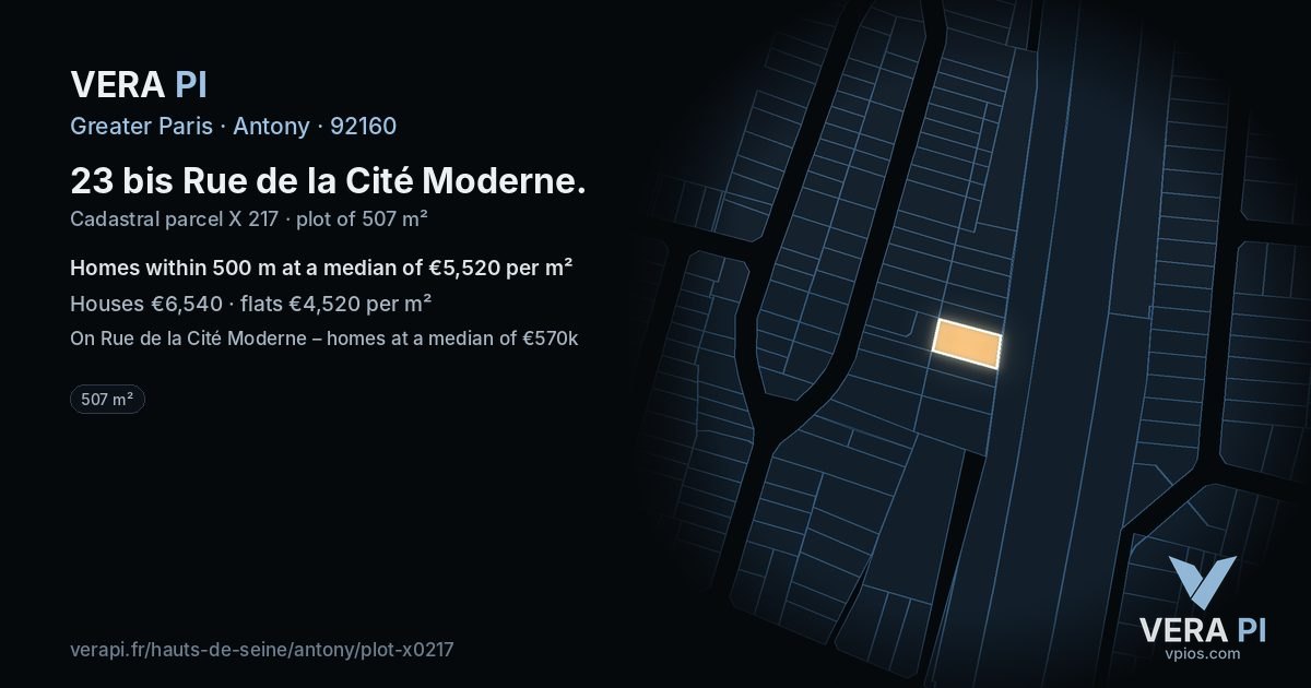 23 bis Rue de la Cité Moderne, Antony at night – the plot lit, the parcels around coloured by the prices near them