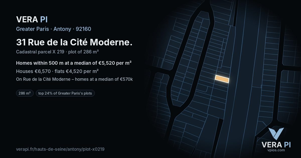 31 Rue de la Cité Moderne, Antony at night – the plot lit, the parcels around coloured by the prices near them