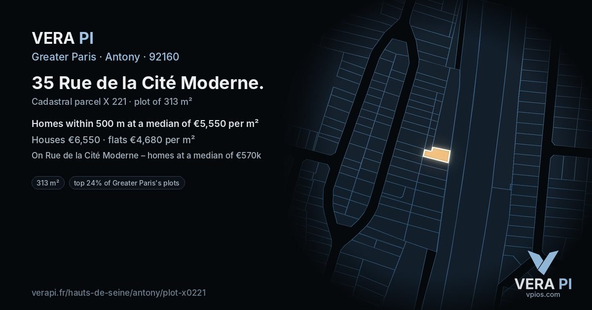 35 Rue de la Cité Moderne, Antony at night – the plot lit, the parcels around coloured by the prices near them