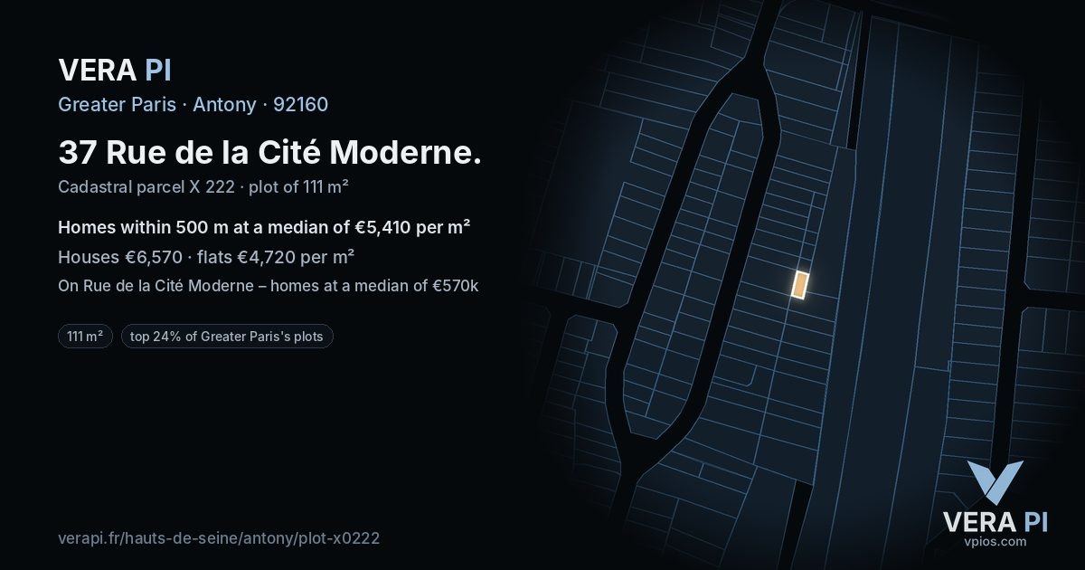 37 Rue de la Cité Moderne, Antony at night – the plot lit, the parcels around coloured by the prices near them