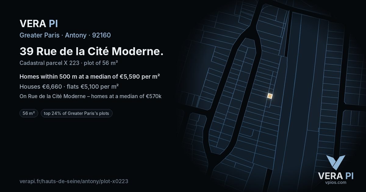 39 Rue de la Cité Moderne, Antony at night – the plot lit, the parcels around coloured by the prices near them