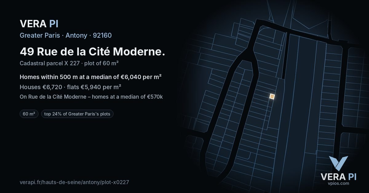 49 Rue de la Cité Moderne, Antony at night – the plot lit, the parcels around coloured by the prices near them