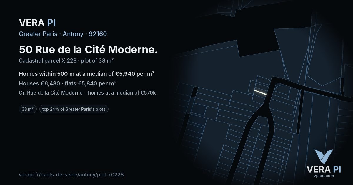 50 Rue de la Cité Moderne, Antony at night – the plot lit, the parcels around coloured by the prices near them