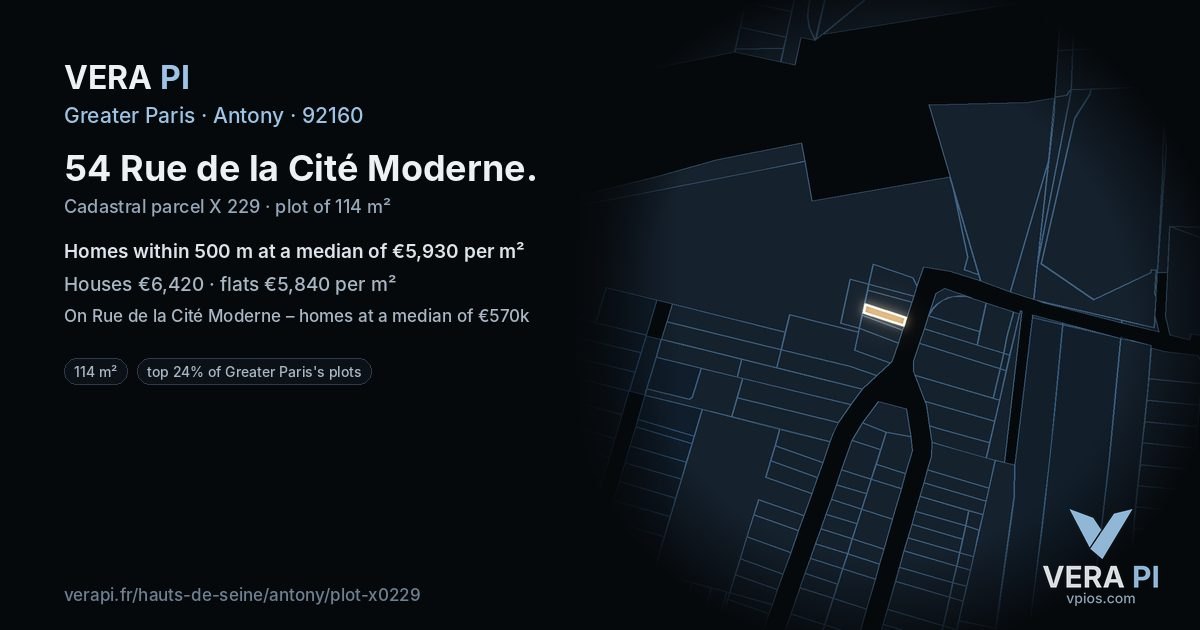 54 Rue de la Cité Moderne, Antony at night – the plot lit, the parcels around coloured by the prices near them