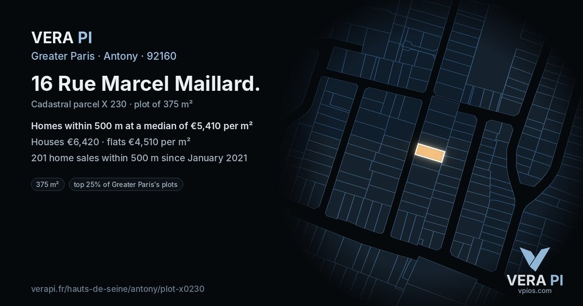 16 Rue Marcel Maillard, Antony at night – the plot lit, the parcels around coloured by the prices near them