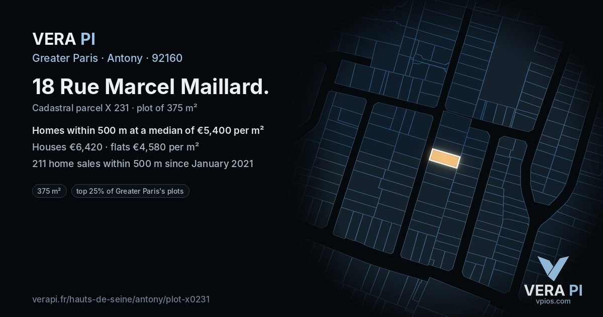 18 Rue Marcel Maillard, Antony at night – the plot lit, the parcels around coloured by the prices near them