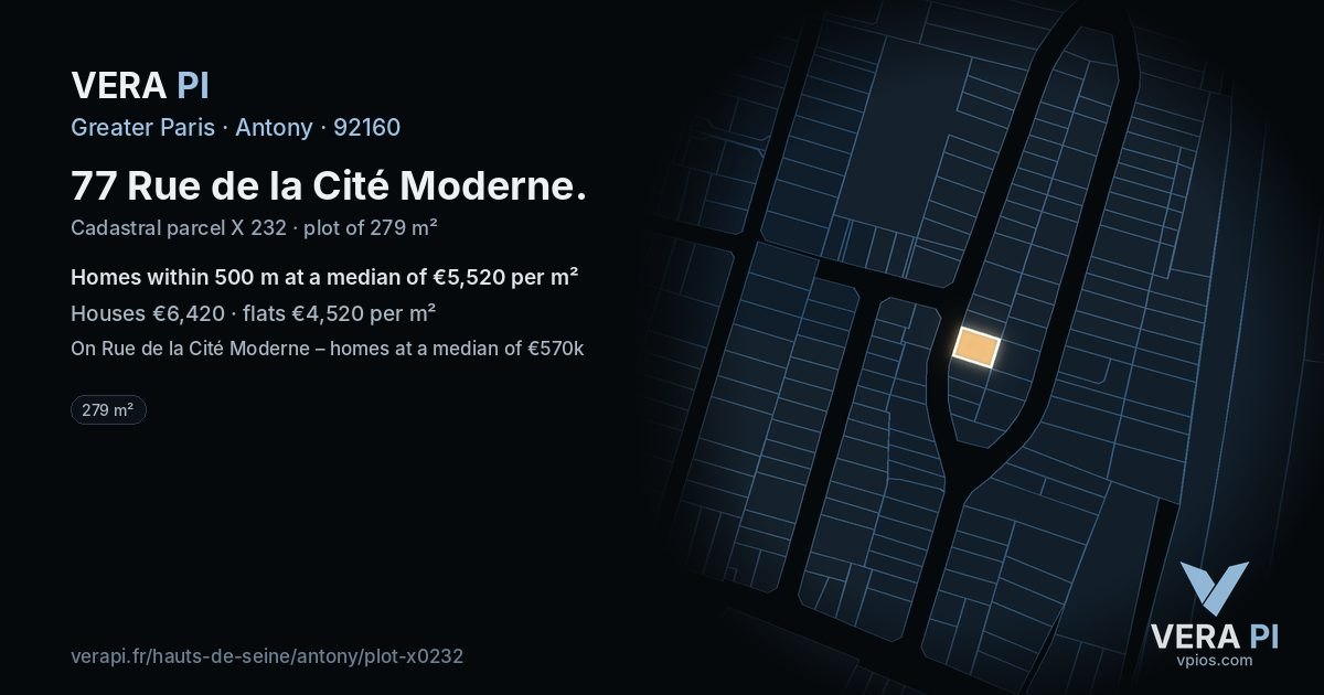 77 Rue de la Cité Moderne, Antony at night – the plot lit, the parcels around coloured by the prices near them