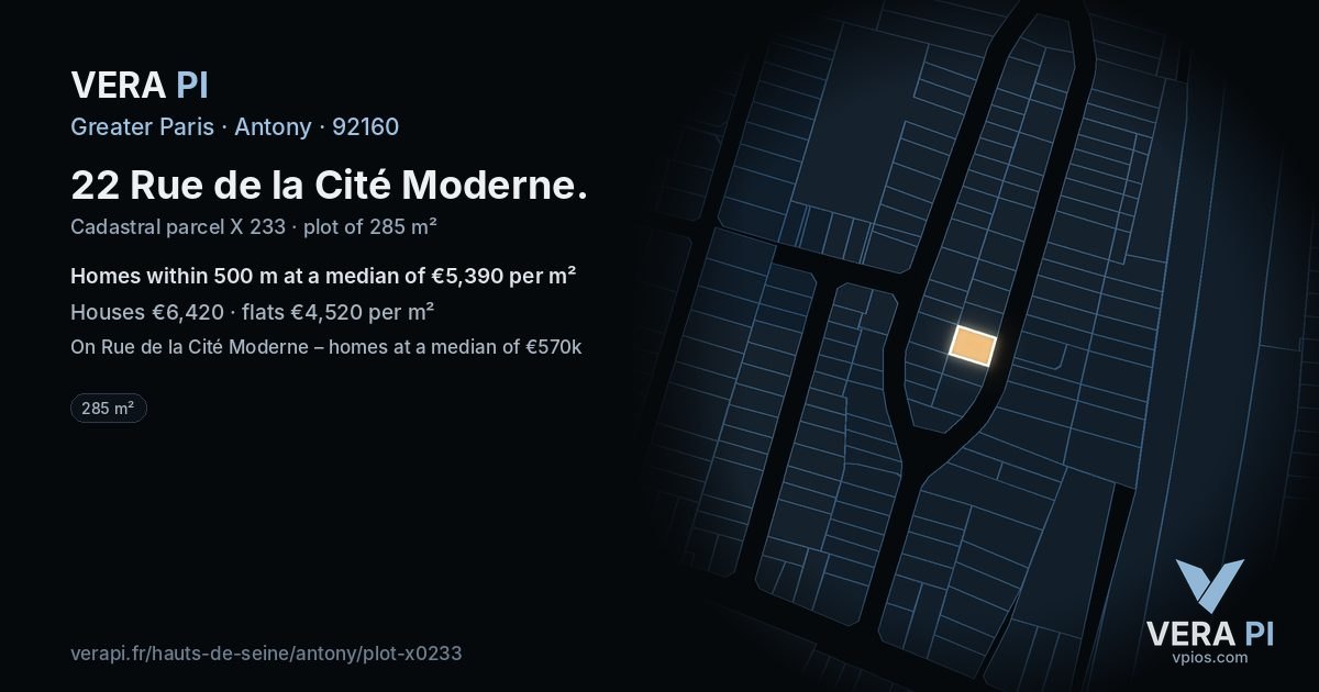 22 Rue de la Cité Moderne, Antony at night – the plot lit, the parcels around coloured by the prices near them