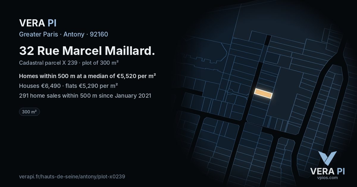 32 Rue Marcel Maillard, Antony at night – the plot lit, the parcels around coloured by the prices near them