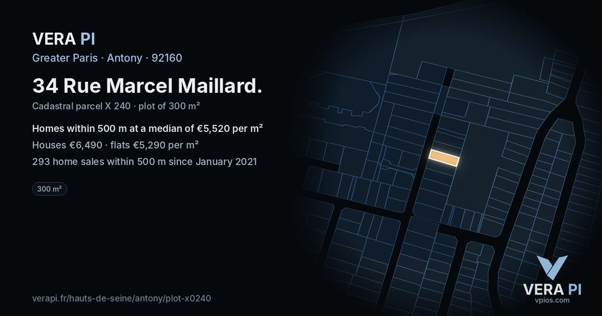 34 Rue Marcel Maillard, Antony at night – the plot lit, the parcels around coloured by the prices near them
