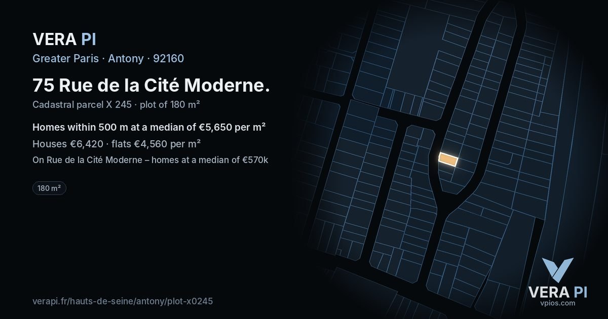 75 Rue de la Cité Moderne, Antony at night – the plot lit, the parcels around coloured by the prices near them
