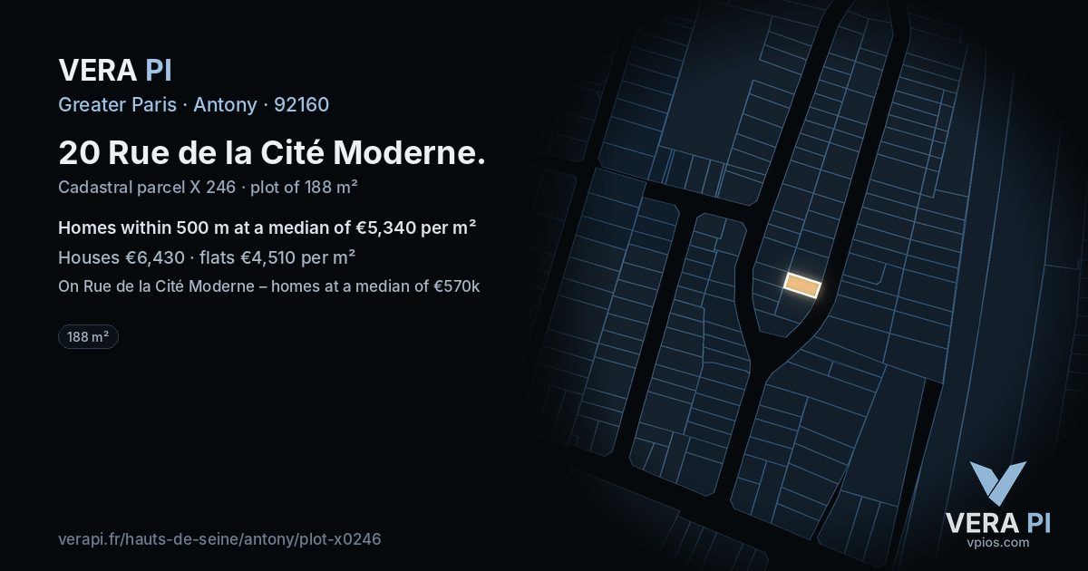 20 Rue de la Cité Moderne, Antony at night – the plot lit, the parcels around coloured by the prices near them
