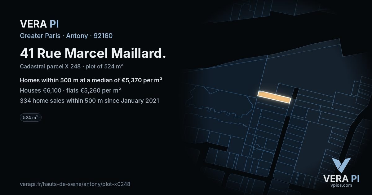 41 Rue Marcel Maillard, Antony at night – the plot lit, the parcels around coloured by the prices near them